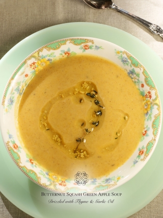 Butternut Squash Green Apple Soup Drizzled with Thyme and Garlic Oil