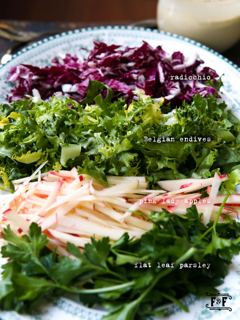 Winter Greens with Apple Walnut Anchovy Parm Mayo Dressing Flavor and